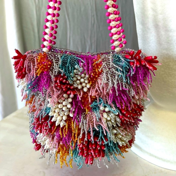 RARE Colorful Beaded Bag w/ Pearl Detail Strap, Anthropology Style, NWT - Picture 9 of 14